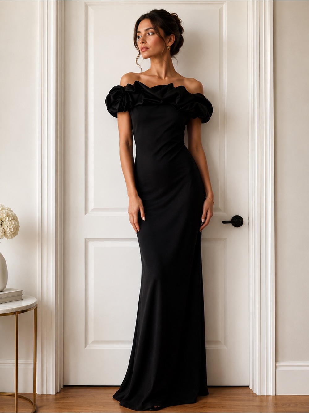 Dynamite Black Off-Shoulder Ruffle Satin Gown